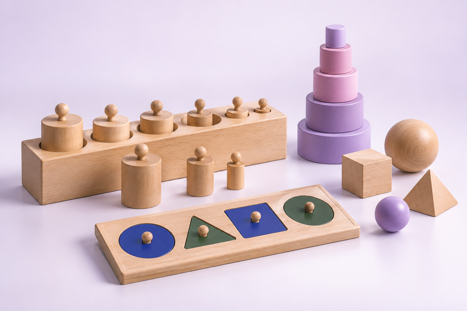 Natural wooden Montessori cylinders, geometric inset shapes and a lavender stacking tower